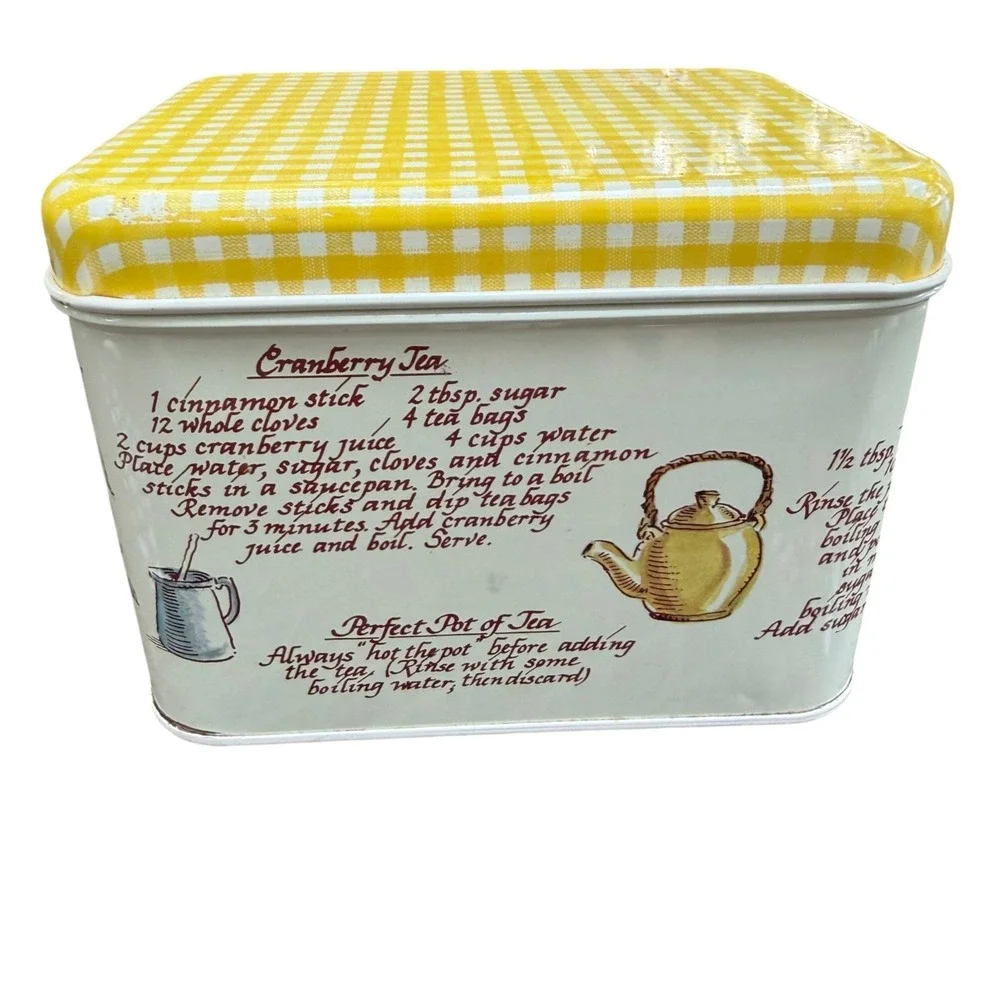 Vintage 4 Pc Metal Canister Set Recipe Flour Sugar Coffee Tea Yellow Gingham